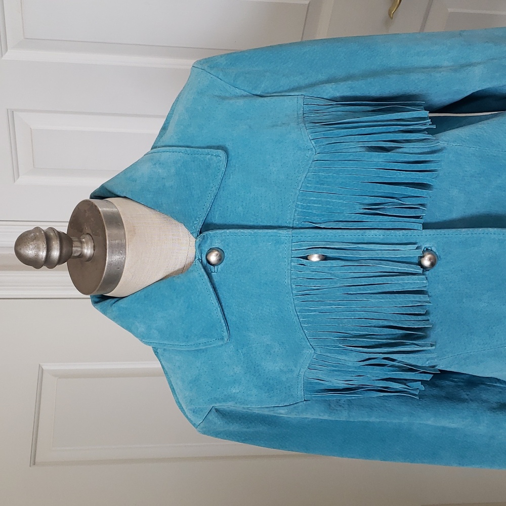 Vintage Margaret Godfrey Turquoise Suede Fringe Western Jacket Cowgirl Rodeo 12 - Picture 5 of 16